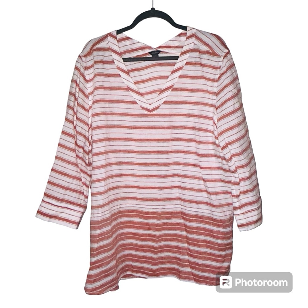Eddie Bower Linen & Cotton Lounge Red & White Striped Tunic Long Sleeve 2X